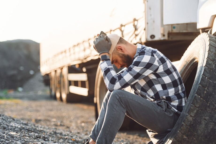 Man sitting against a semi-truck tire with head in hands after a truck accident on a Dallas-area road
