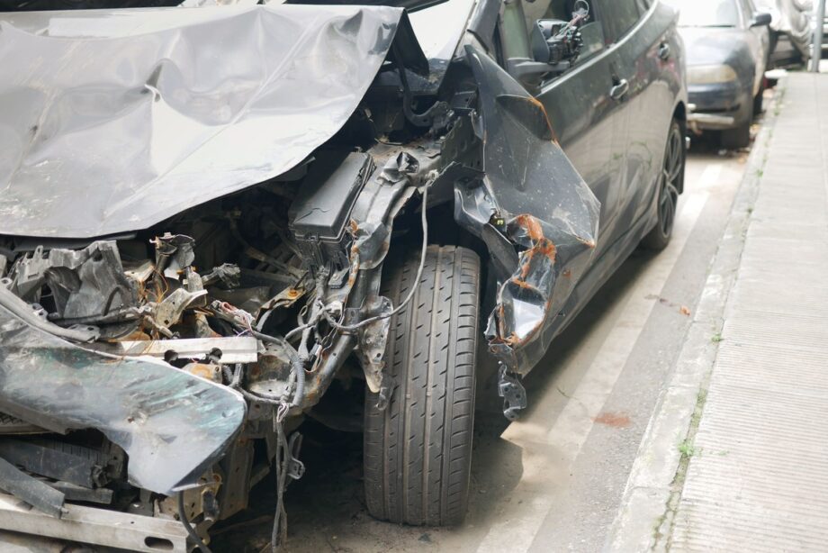 Severely damaged car after a traffic accident in Texas