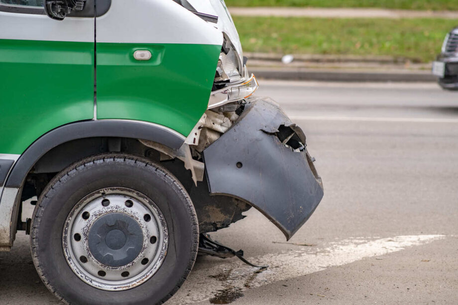 Damaged delivery truck after a traffic accident in Dallas, Texas
