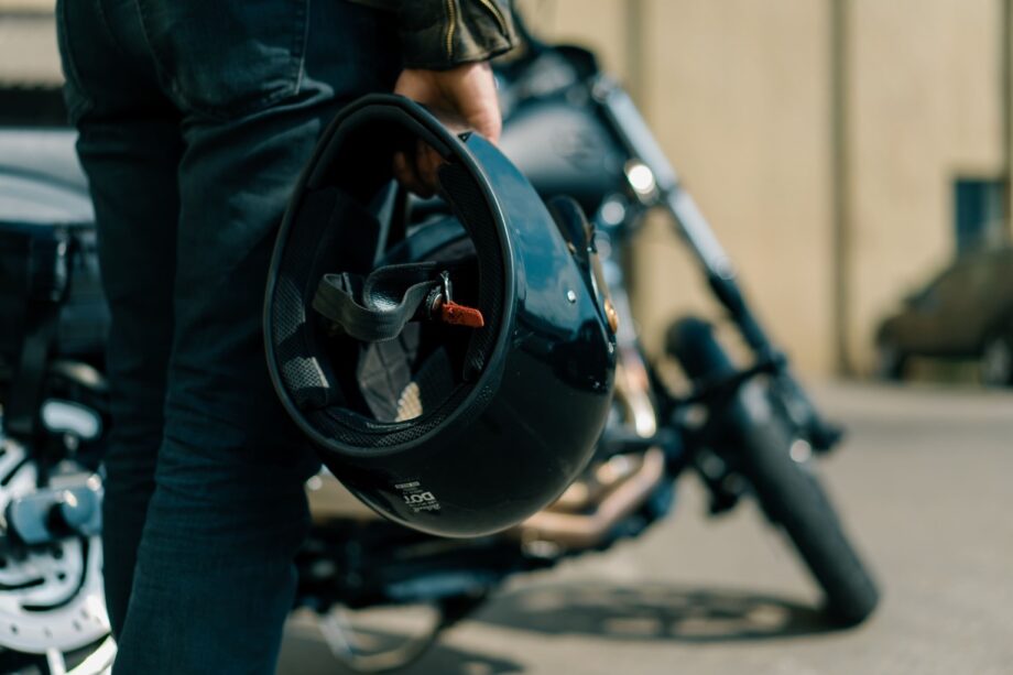 Motorcycle helmet beside a motorcycle in Texas